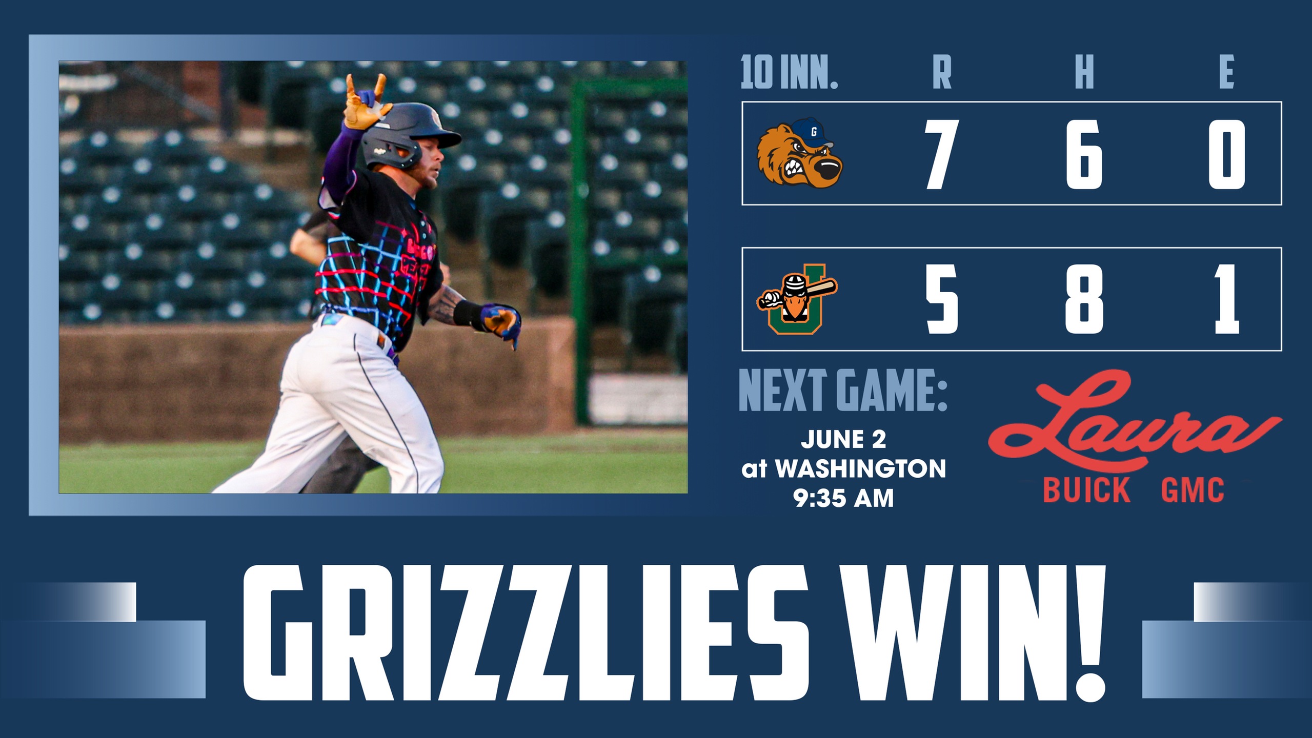 Grizzlies Win in Extras, Sweep Series from Slammers